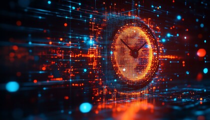 Obraz premium Futuristic clock design integrated into a digital timeline, showcasing evolving data lines and digital grids in a hightech, vibrant atmosphere