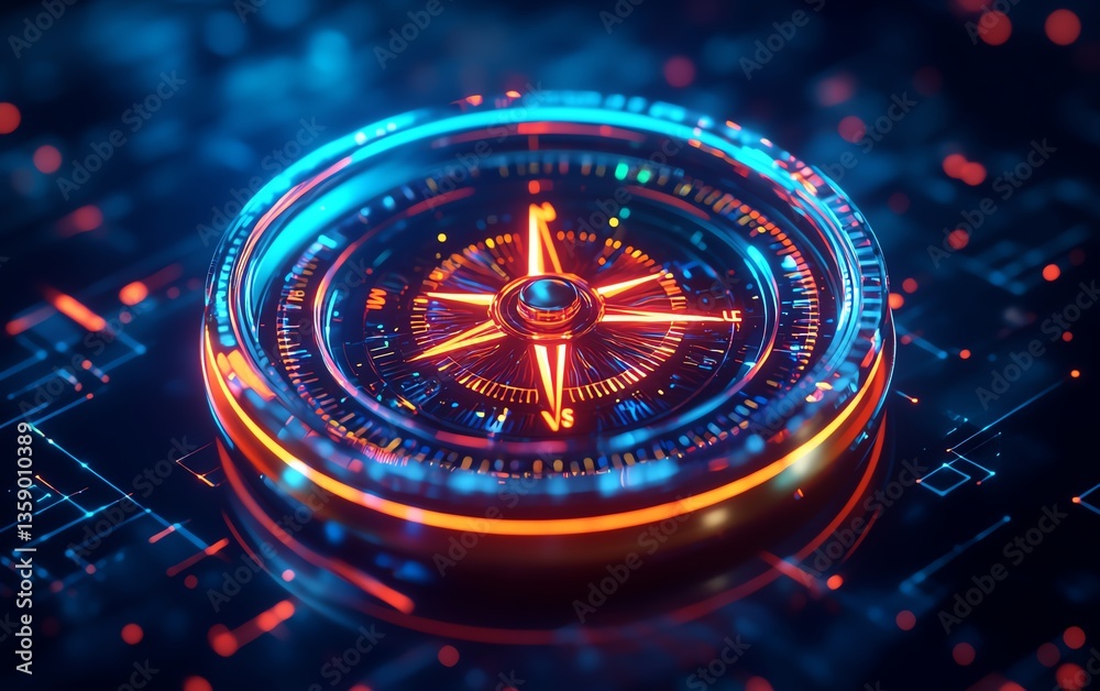 Poster hightech digital compass with neon lights, against a blue backdrop, illustrating the concept of adva