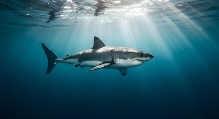 Naklejka premium Majestic Great White Shark Gliding Through the Ocean
