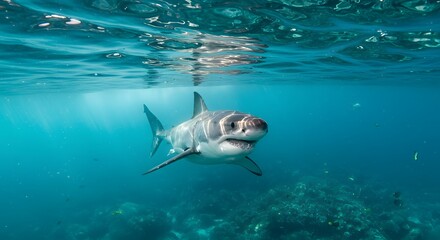 Naklejka premium Great White Shark Surfacing in Blue Waters