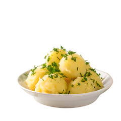 Boiled potatoes with dill in plate isolated on white