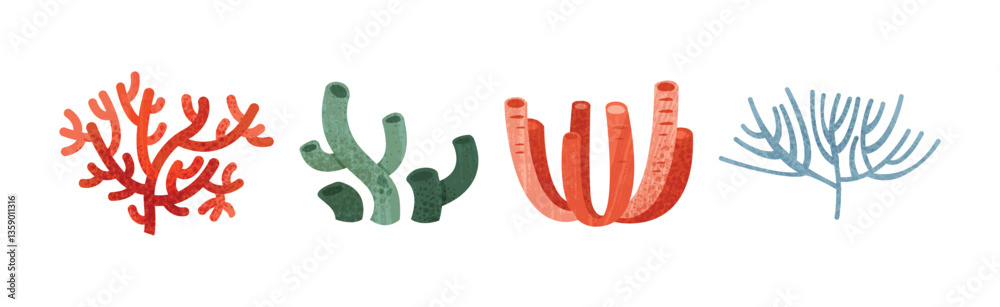 Poster sea weeds and algae of different color and shape vector set