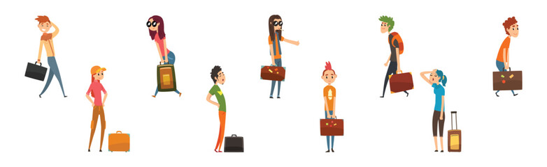 Man and Woman Travel with Heavy Suitcase and Bag Vector Set