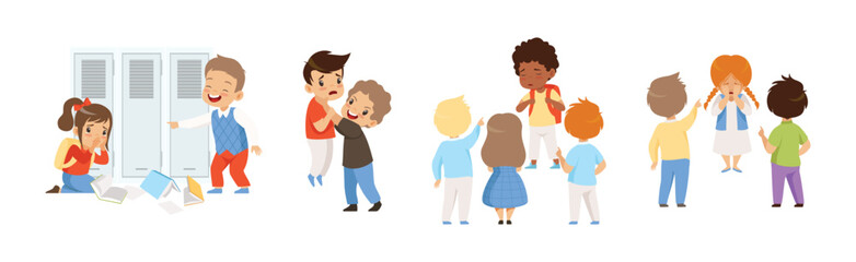 Angry Warring Boy Kid Bullying Weak Agemate Vector Set