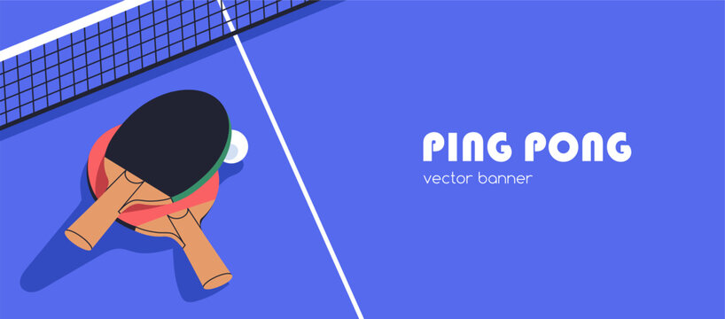 Ping pong, table tennis banner design. Sport game tournament, ad background with ball, racket, net and typography template. Match, competition promotion, advertising. Flat vector illustration
