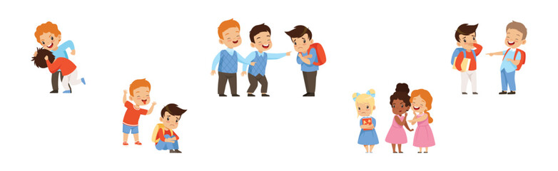 Angry Warring Boy and Girl Kid Bullying Weak Agemate Vector Set