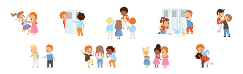 Angry Warring Boy and Girl Kid Bullying Weak Agemate Vector Set