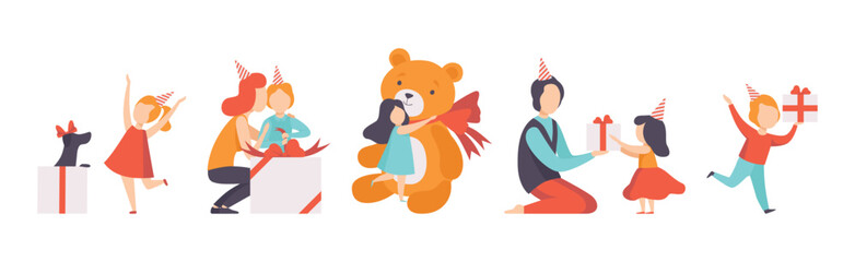 Little Children Celebrate Birthday Party Enjoy Holiday Vector Set