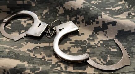 Handcuffs in The Camouflage Army Pants Pocket or Haversack or Bag or Fabric. Background and Texture.