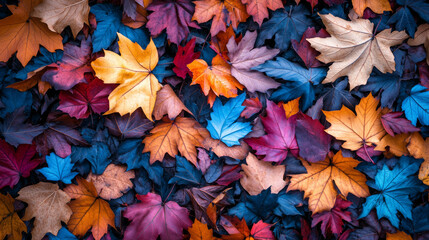 Vibrant autumn maple leaf background with scattered multicolored foliage in red, orange, yellow, purple, and blue tones — ideal for fall decor, seasonal design projects, nature concepts