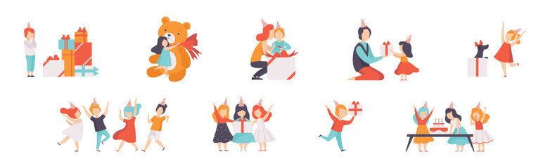 Little Children Celebrate Birthday Party Enjoy Holiday Vector Set
