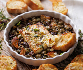 Baked  feta cheese with mixed olives, olive oil and aromatic herbs in a casserole dish on a wooden table, close up view
