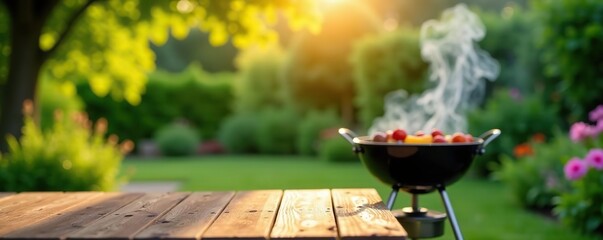 A serene summer setting in a backyard garden featuring a grill BBQ, wooden table, and blurred background,  leisure,  lifestyle