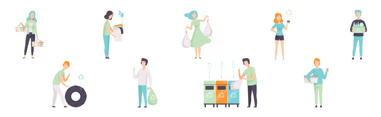 Man and Woman Sorting Garbage and Trash Vector Set