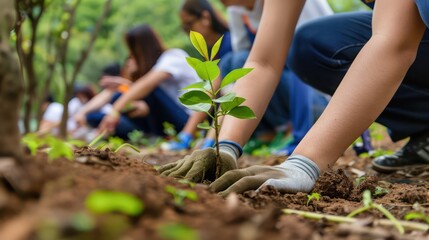 Fototapeta premium A team of employees participating in a tree-planting activity as part of a company-wide sustainability initiative.