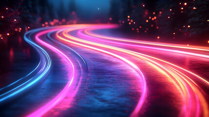 A vibrant night scene with glowing neon lights illuminating a winding road through a forest