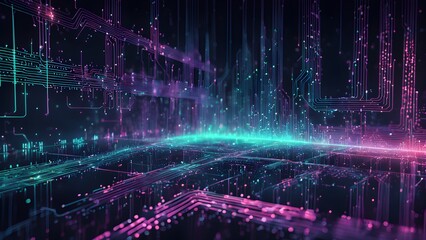 Fototapeta premium Abstract Neon Circuit Board Glow Cityscape