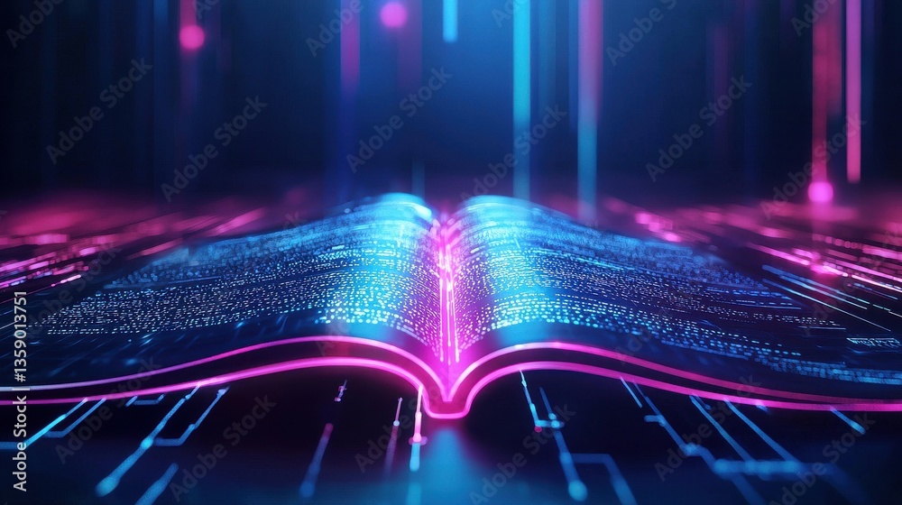 Poster glowing open book with digital data flow in a futuristic setting