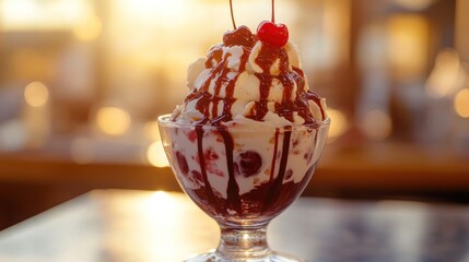 Delicious sundae with whipped cream, cherries, and chocolate sauce