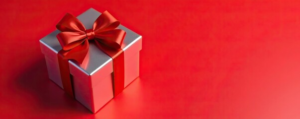 A shiny silver gift box with a red bow on a bright red background,  surprise,  gift