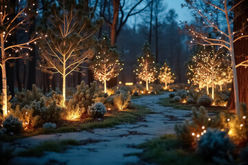 Naklejka premium illuminated pine trees a pathway at night