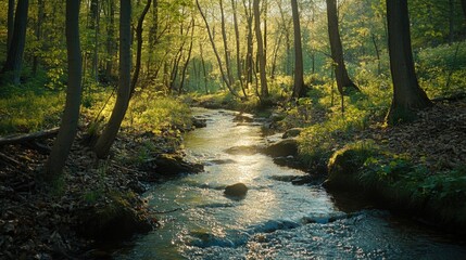 serene forest stream at sunset