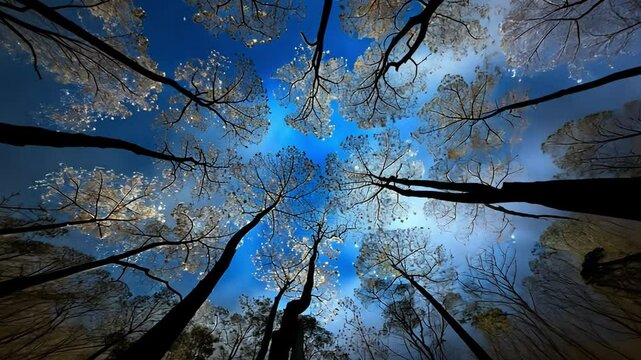 Whispers of the Canopy: A breathtaking upward perspective reveals the graceful forms of towering trees reaching towards a cerulean sky, their delicate branches intertwining in a mesmerizing embrace.