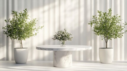 Fototapeta premium A stylish minimalist arrangement with a round marble table as the centerpiece, flanked by two flowering plants in glossy white pots, set against a textured white background. 