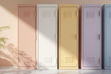 row of pastel-colored metal lockers against a light beige wall