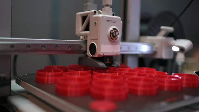 3D printer working. Fused deposition modeling, FDM. 3D printer printing an object from plastic. Automatic three dimensional 3d printer performs plastic. Progressive additive technology for 3d printing