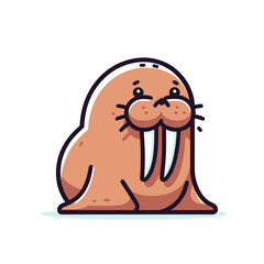 Obraz premium Chubby walrus cartoon with tusks in sitting pose, simple style. Perfect for arctic wildlife education and marine mammal conservation awareness.