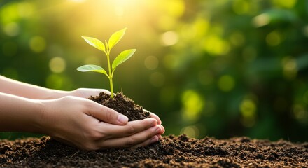 Hands gently cradling a small sprouting plant in fertile soil