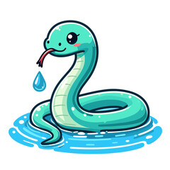 Fototapeta premium Cartoon water snake with water droplet on white background. Suitable for aquatic wildlife education, environmental themes, or nature illustration collections.