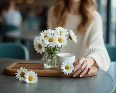 white cup of tea and daisies on wooden tray