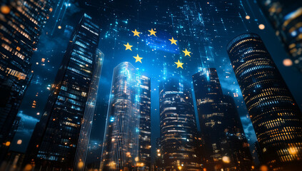 NIS2 EU Cybersecurity Directive Concept, European Union Digital Network Night Cityscape with Illuminated Skyscrapers and EU Flag