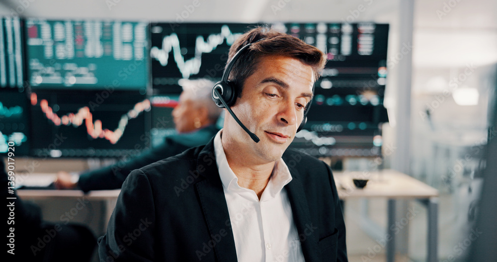 Poster man, headset and talking with computer of trading plan, stock market increase and review financial g