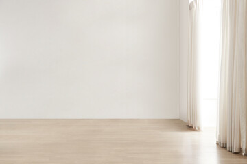 Empty the luxury modern room with a large window and natural light, shadowy room walls, and a blank wooden parquet floor.