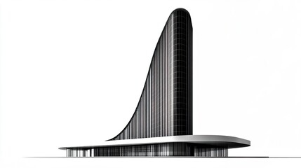 A towering skyscraper silhouette with curved edges and a streamlined profile, showcasing modern design, set against a white backdrop.  