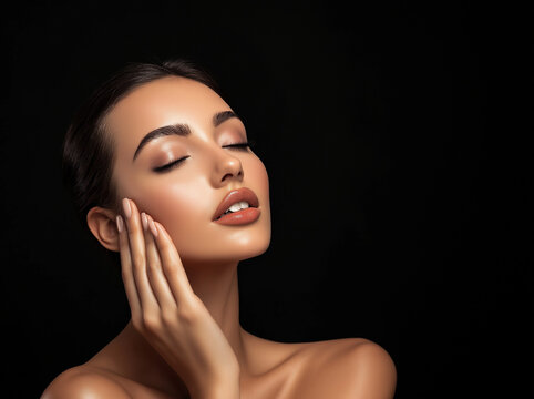 Portrait, beauty and facial with a  woman in studio to promote natural skincare or treatment. Face, skin and wellness with an attractive young female touching her cheeks for dermatology