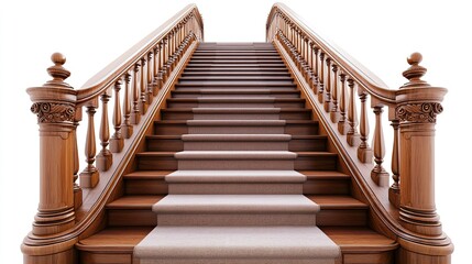A traditional staircase with wide steps, a carpeted runner, and ornate wooden railings, perfectly centered on a white background. 