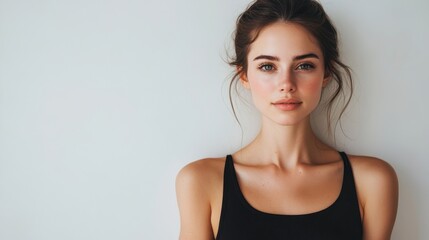 Inner Radiance: A portrait of a beautiful woman, her captivating gaze conveying a blend of serenity, confidence, and natural beauty, poised against a backdrop of soft, muted tones.