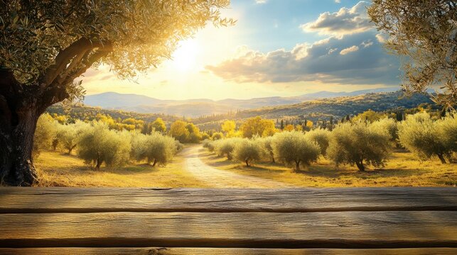 sunlit olive grove landscape with wooden table
