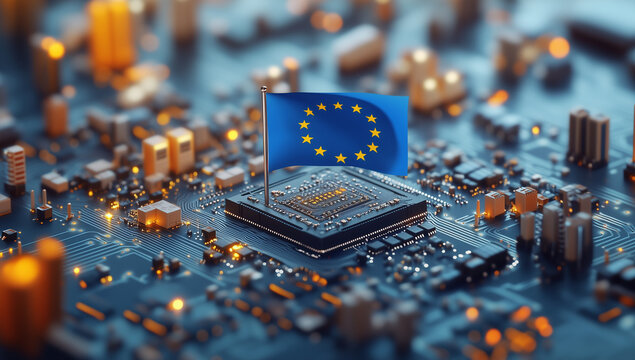 NIS2 EU Cybersecurity Directive Concept, European Union Flag on Microchip Digital Technology and EU Innovation
