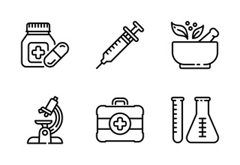 Medicine icon set, vector, in line style, for medical, health, health care, wellness, etc