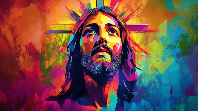 Jesus christ good friday Vibrant artistic depiction of a religious figure with a colorful background. - Powered by Adobe