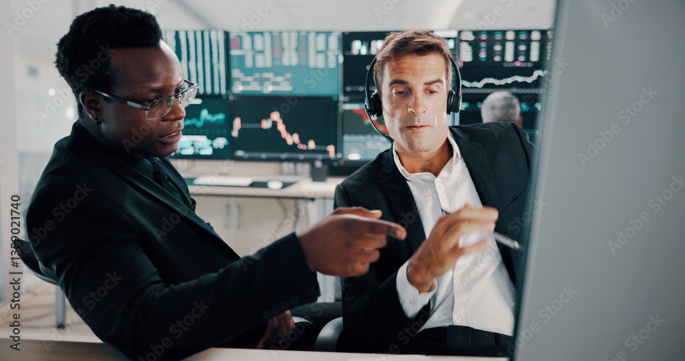 Aufkleber men, headset and talk with computer for trading plan, stock market increase and review financial gro