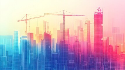 Fototapeta premium A vibrant line art depiction of architectural development, with towering cranes lifting materials and partially built skyscrapers forming a bustling construction scene. 