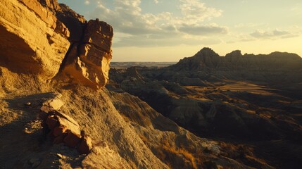 Obraz premium Golden hour vista of eroded badlands. Vast landscape of buttes and canyons bathed in warm sunset light