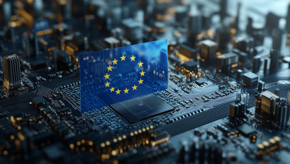 NIS2 EU Cybersecurity Directive Concept, EU Flag on Microchip European Union Technology Digital Innovation Circuit Board
