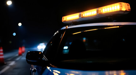 close-up of illuminated amber emergency lights on a vehicle at night
